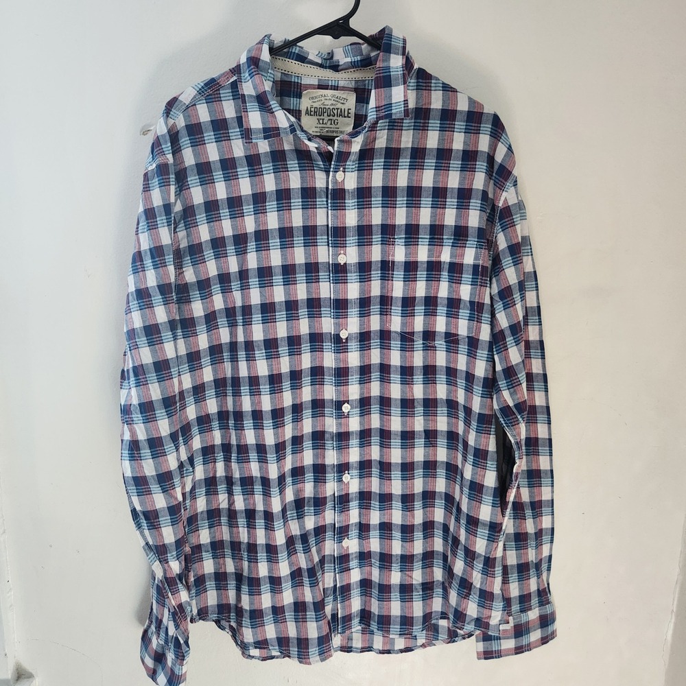 Aeropostale Mens XL Plaid Button Down Shirt Blue Red White Cotton NWT